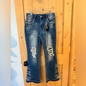 Stylish Blue Distressed Flare Jeans